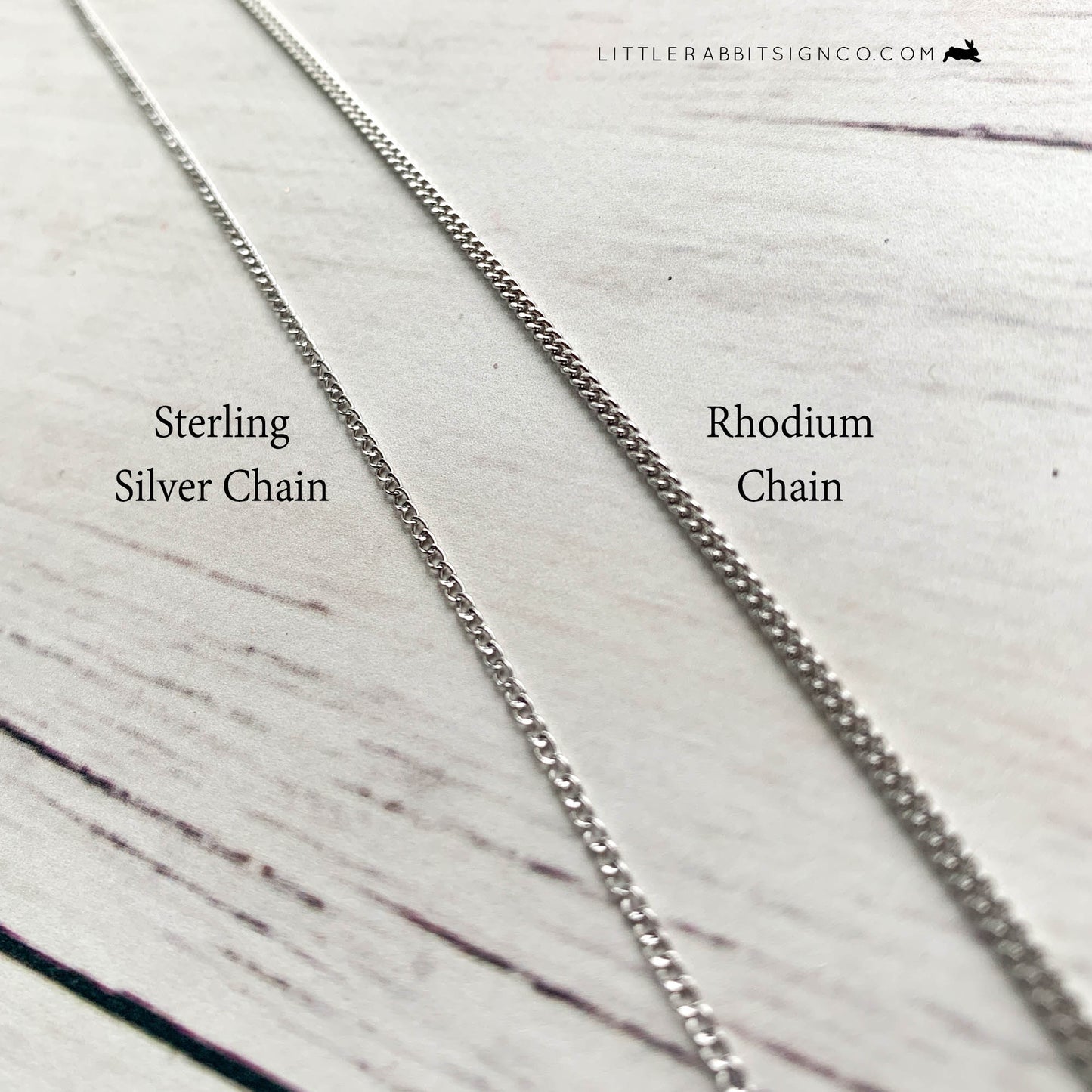 Here is a side by side comparison of the two chain options available for this necklace. There is a sterling silver chain which is quite delicate but still well made and perfect for daily wear. Then there is the Rhodium chain which boasts a little thicker design, perfect for those wanting a chain that feels a little more heavy duty.