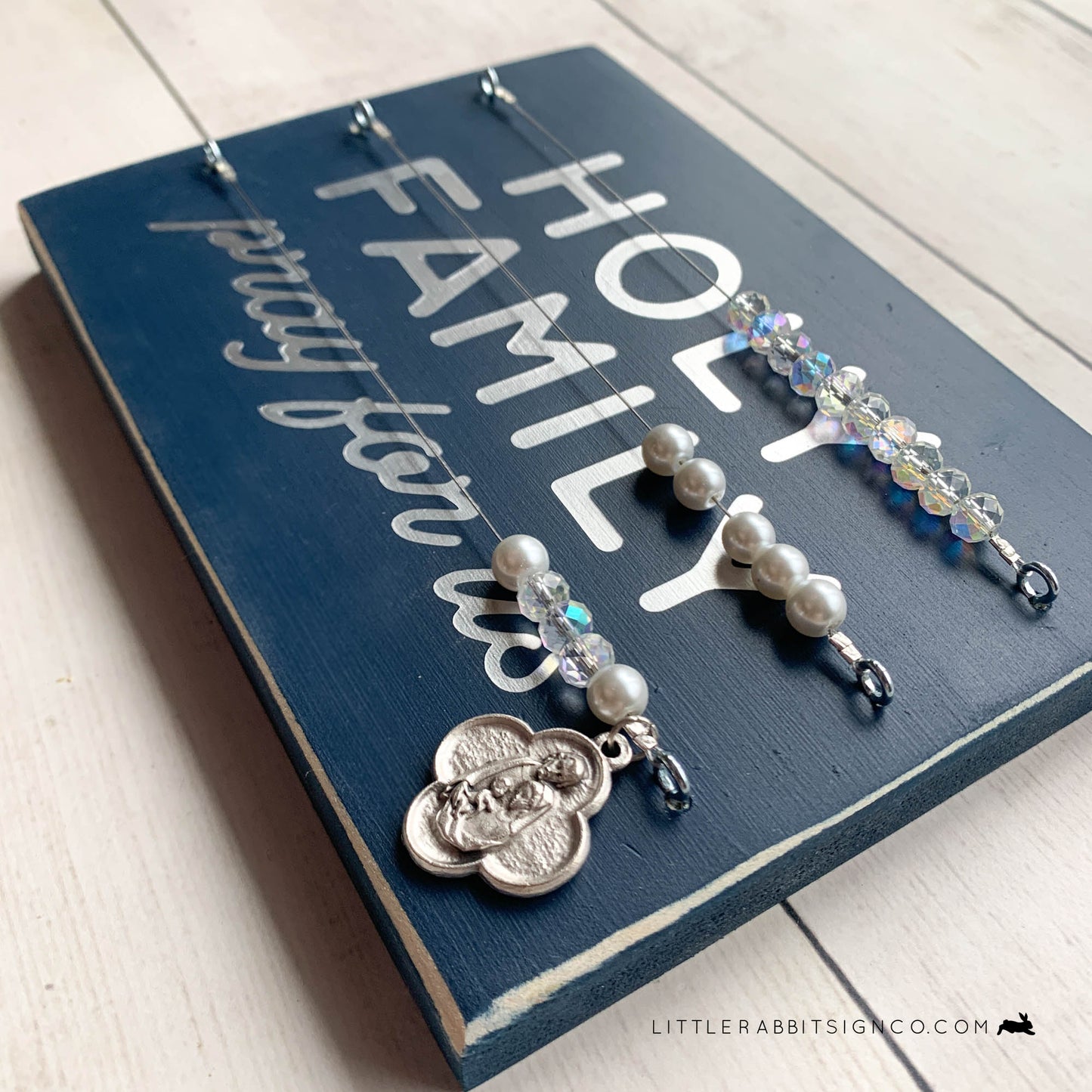 Holy Family Pray for Us, Navy Blue and Silver Kitchen Rosary