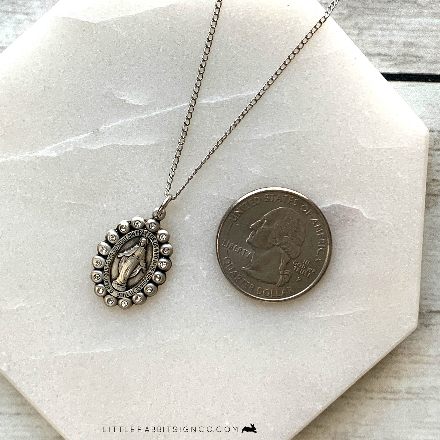 Miraculous Medal Necklace with Crystal Scalloped Border in Sterling Silver