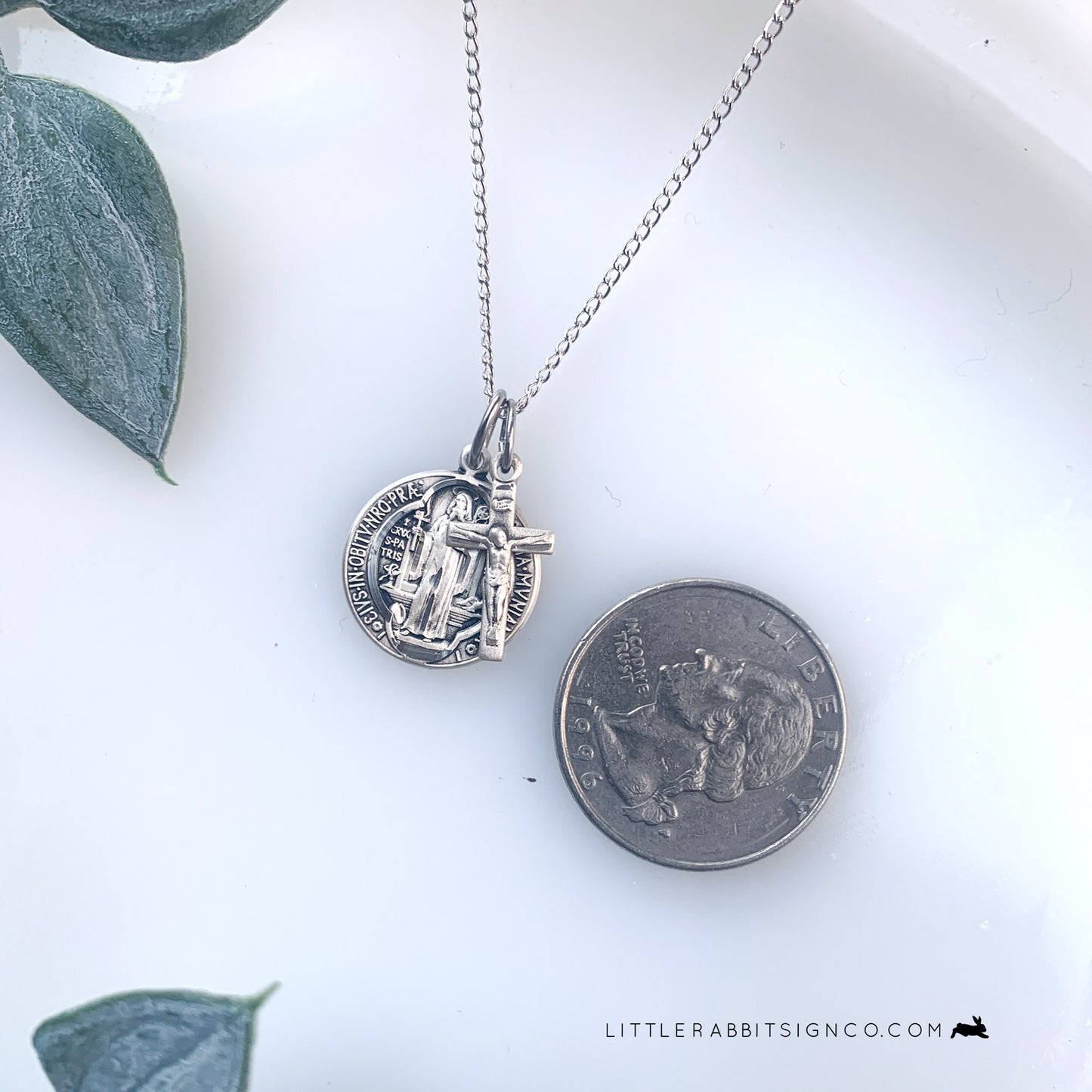 Saint Benedict Medal and Crucifix Layered Sterling Silver Necklace