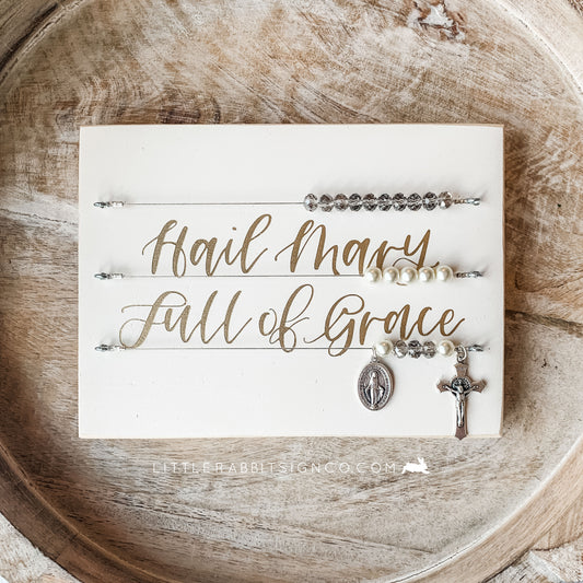 Kitchen Rosary with the words Hail Mary Full of Grace. The background of this hands free abacus rosary is ivory and the lettering is gold. Perfect gift for the catholic mom this mothers day. 