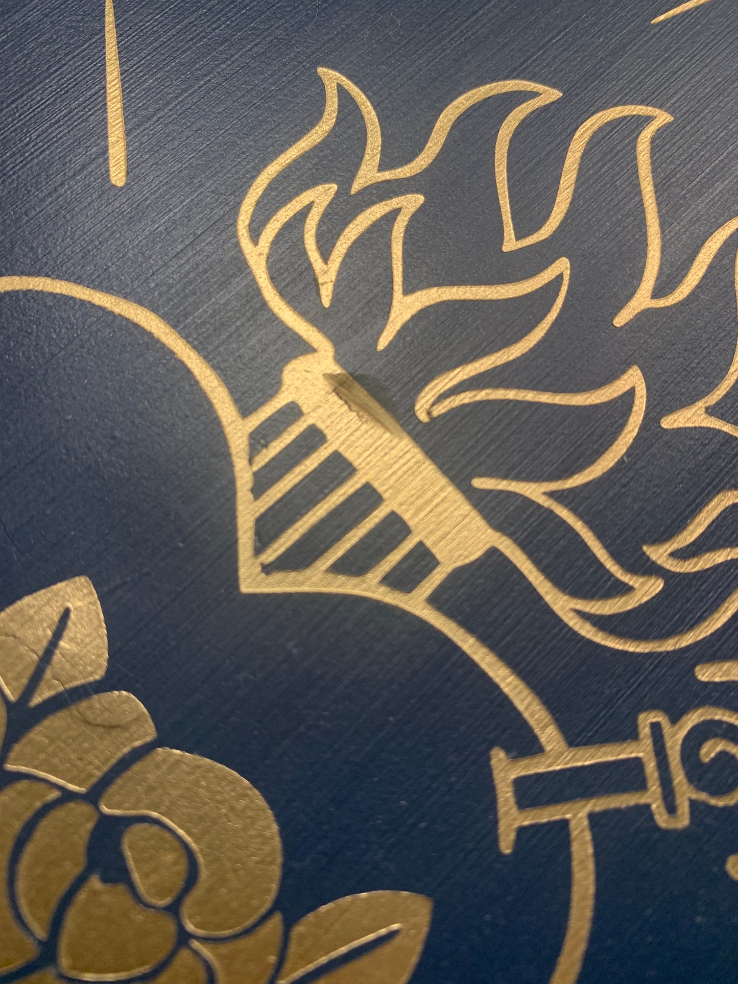 SECONDS SALE Holy Family Hearts Farmhouse Framed Sign - Navy Blue & Gold - Vertical