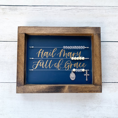 "Hail Mary Full of Grace" Navy Blue and Gold Framed Kitchen Rosary