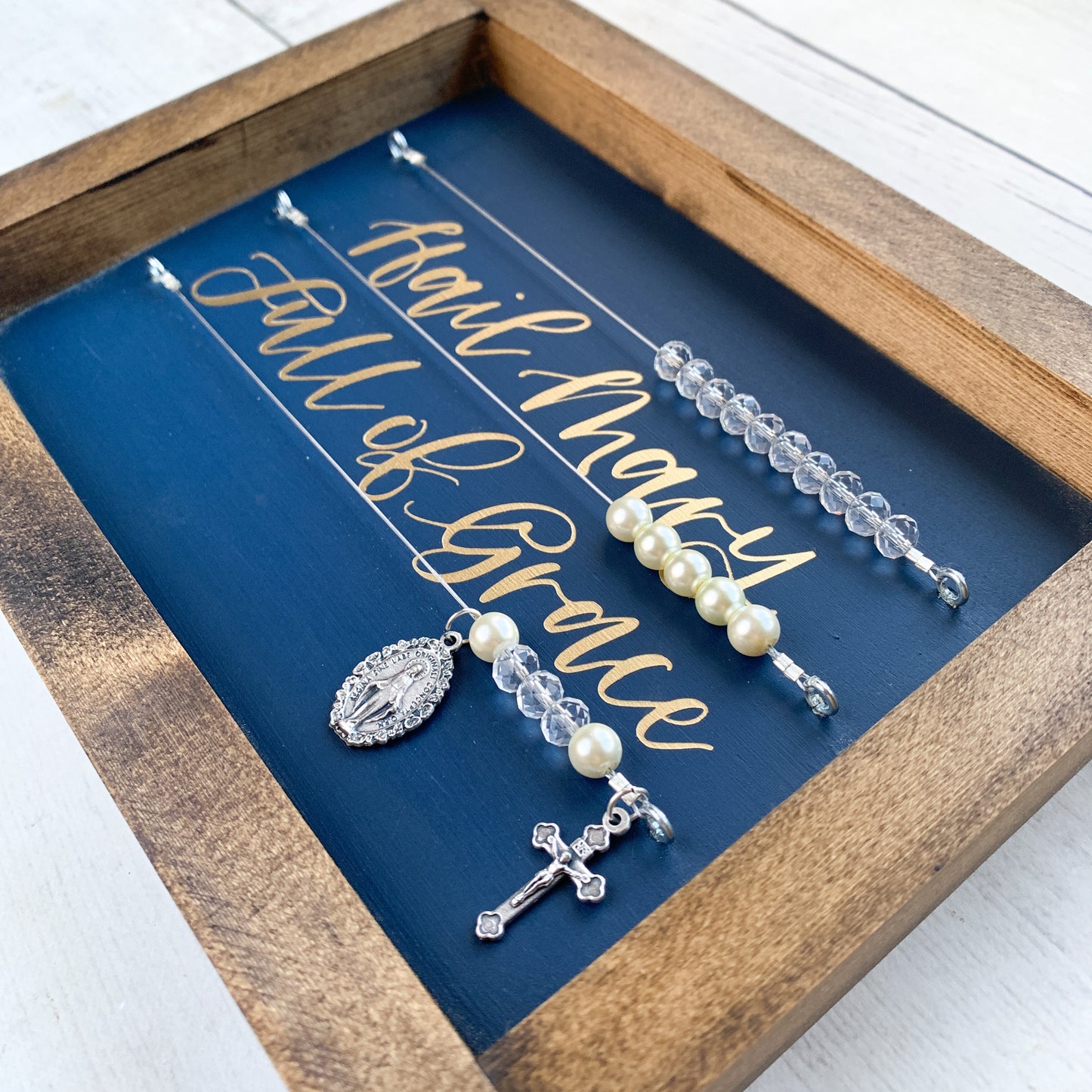 "Hail Mary Full of Grace" Navy Blue and Gold Framed Kitchen Rosary