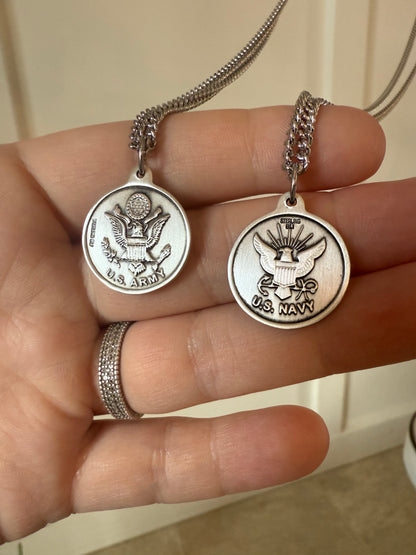 Back of Saint Michael medal engraved with U.S. Navy on sterling silver chain