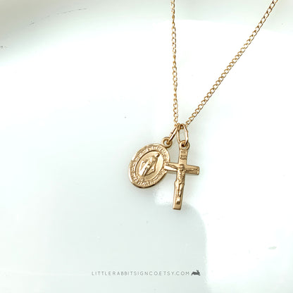 Dainty Miraculous Medal and Crucifix Layered Necklace 14kt Gold Filled