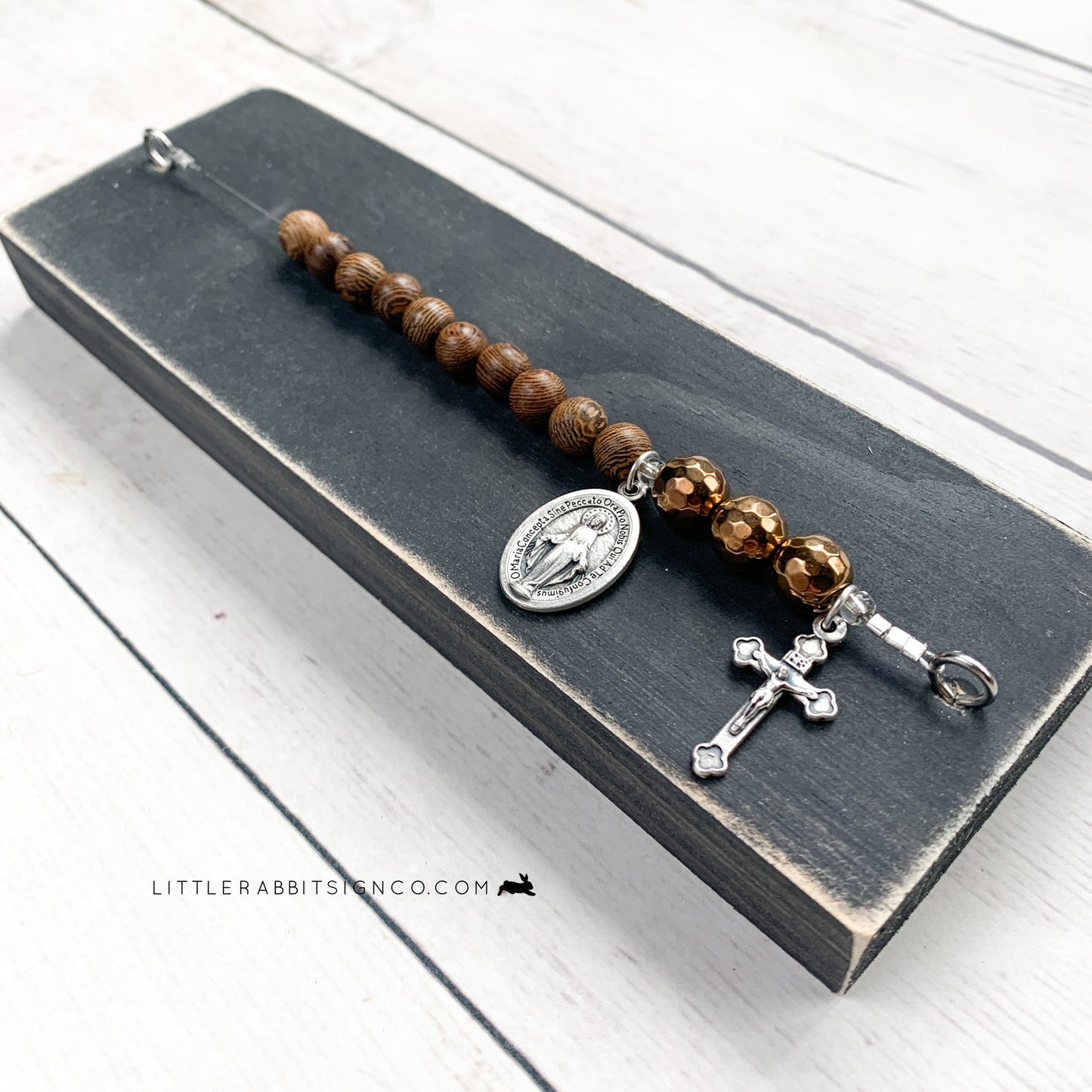 Deluxe Desk Chaplet | Weathered Black with Wood & Copper Beads #025