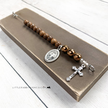 Deluxe Desk Chaplet | Distressed Brown with Wood & Copper Beads #026