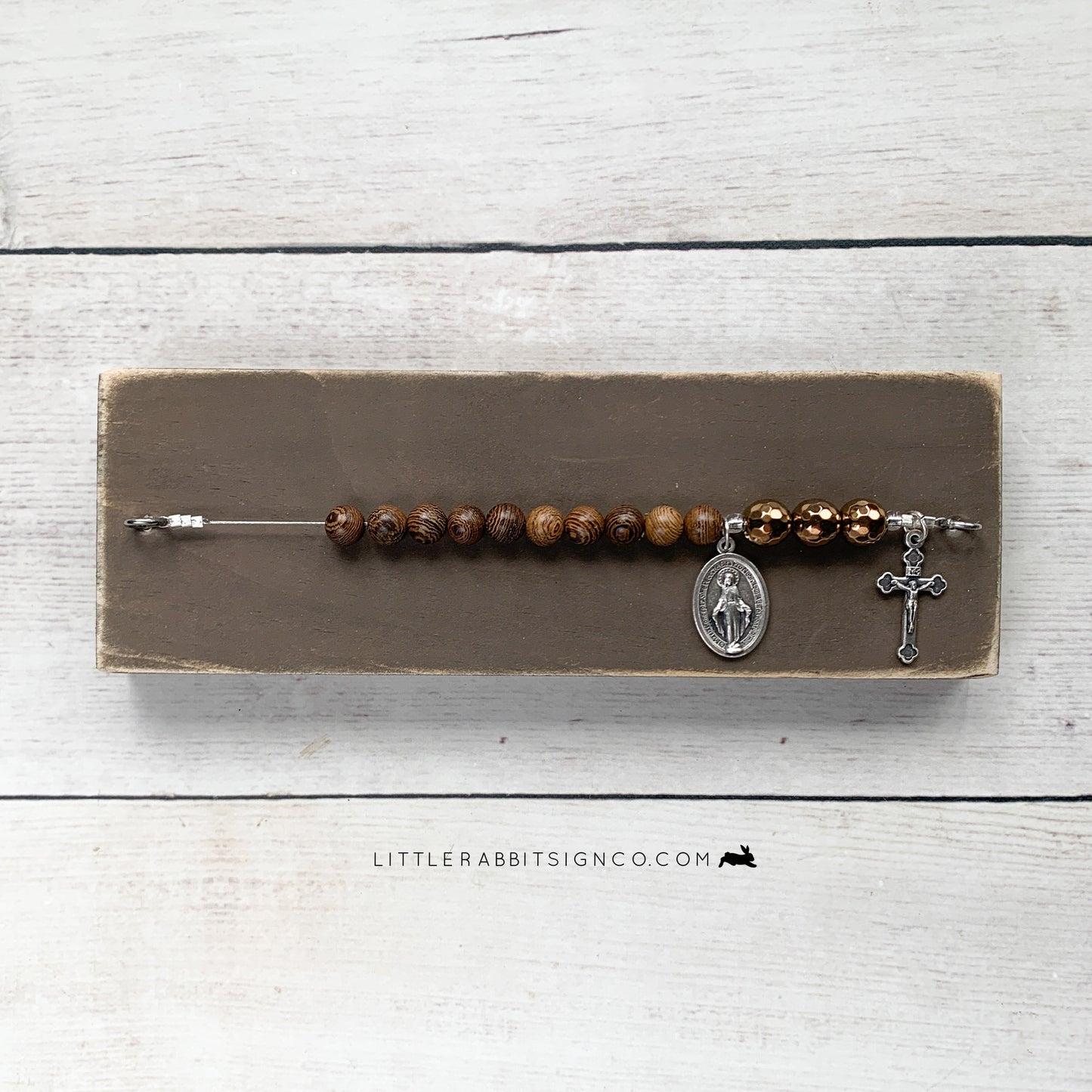 Deluxe Desk Chaplet | Distressed Brown with Wood & Copper Beads #026