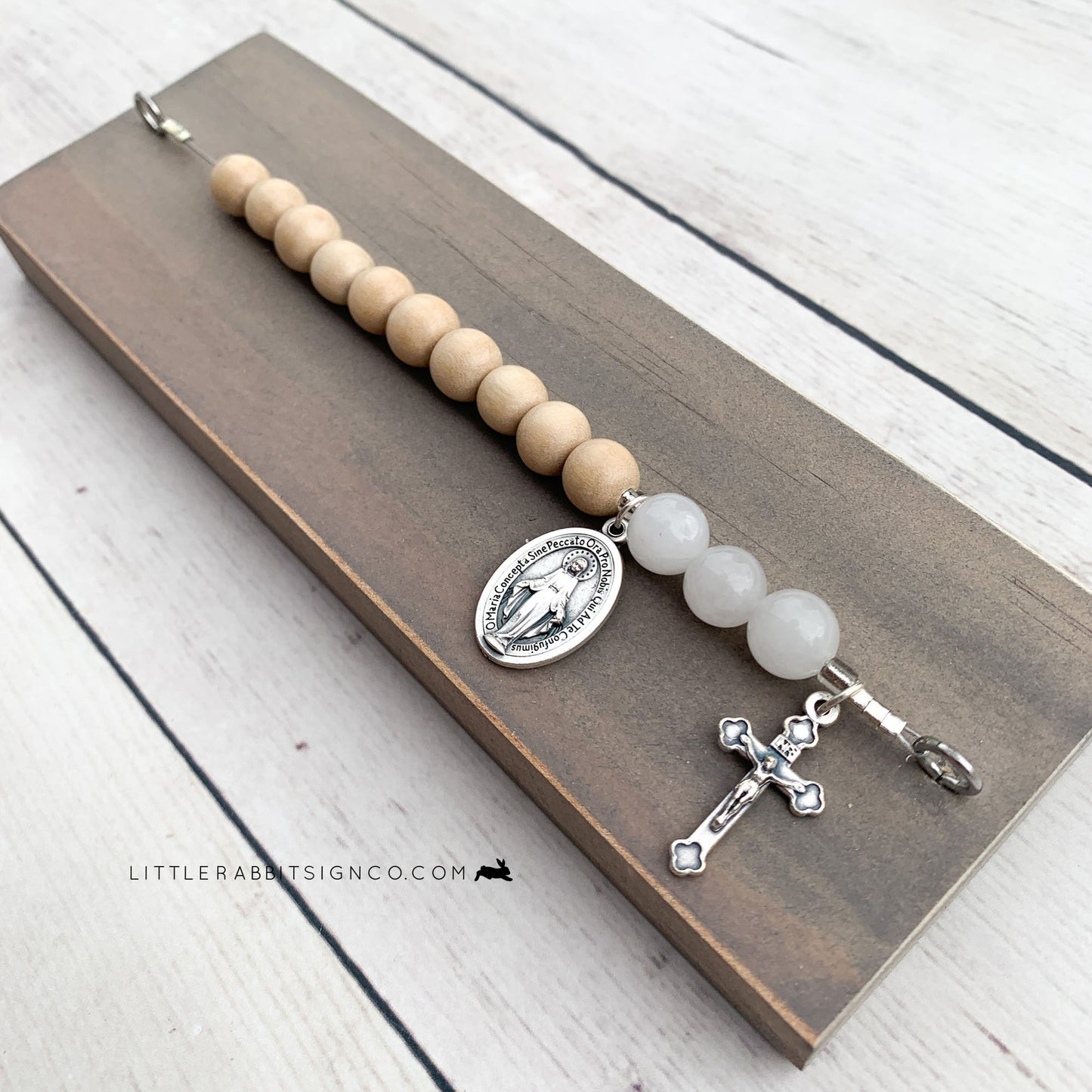 Deluxe Desk Chaplet | Weathered Gray Natural Wooden and Opaque White Glass Beads #010