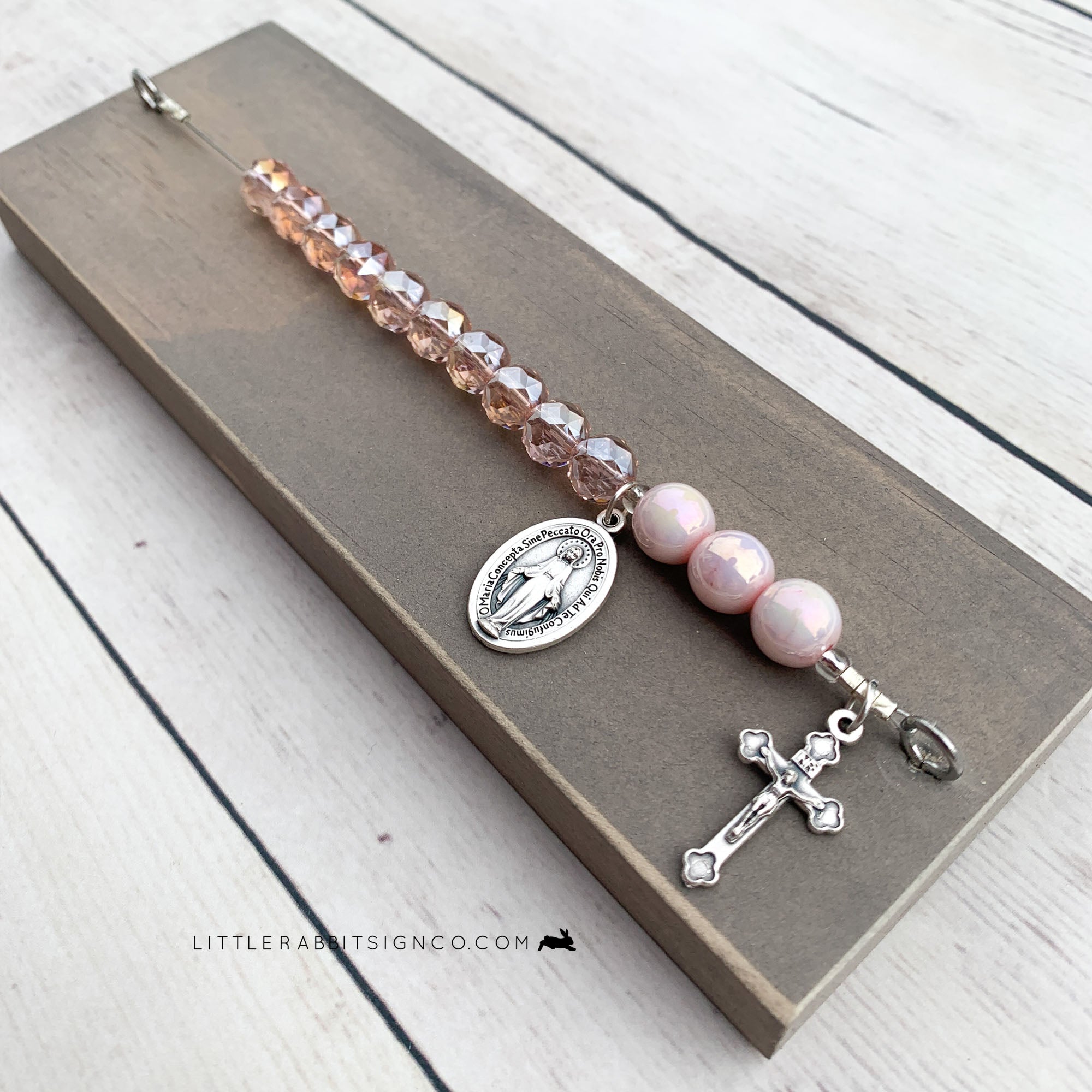 Deluxe Desk Chaplet | Weathered Gray with Pink Crystals & Pink Glass P ...