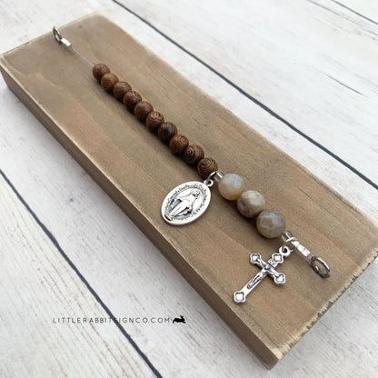 Deluxe Desk Chaplet | Light Brown/Gray with Brown Wood and Natural Stone Beads #017