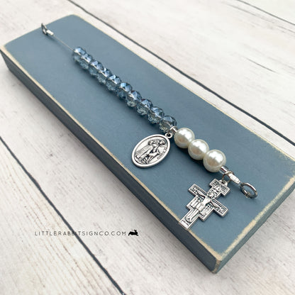 Saint Francis Desk Chaplet | Slate Blue with Shimmer Blue Crystals & Ivory Pearls #018