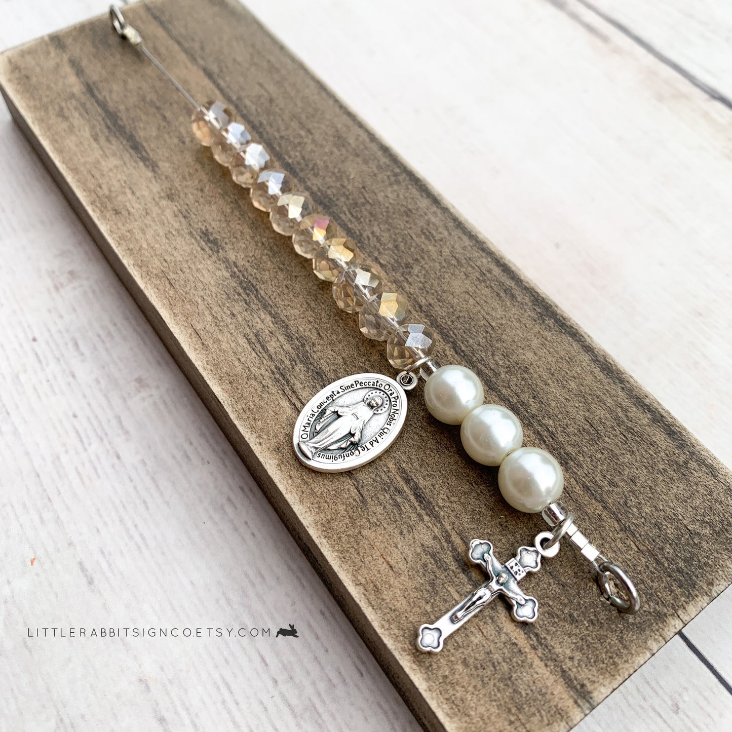 Deluxe Desk Chaplet | Dark Stain with Champagne Crystals & Ivory Pearls #001