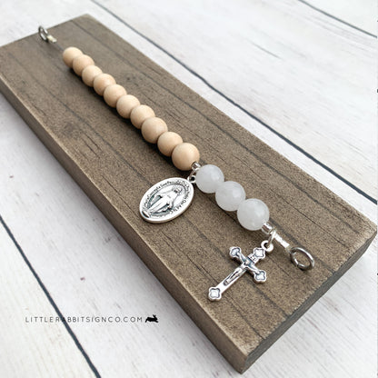 Desk Chaplet | Stained with Natural Wooden and Opaque White Glass Beads #011