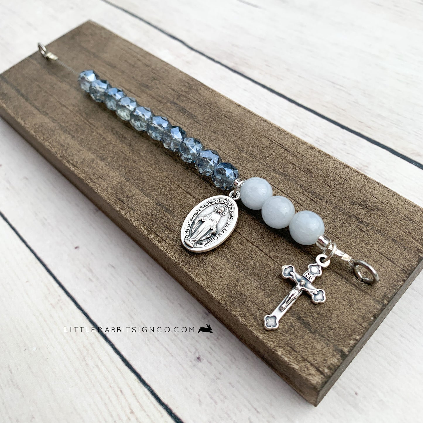 Deluxe Desk Chaplet | Stained Brown with Clear Blue Shimmer Crystals & Opaque Blue Pearls #006