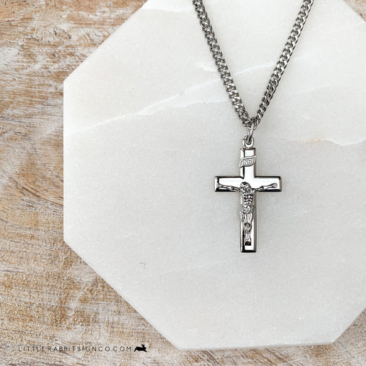 High Polished Men's Crucifix Necklace in Sterling Silver