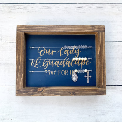 "Our Lady of Guadalupe Pray for Us" Navy Blue and Gold Framed Kitchen Rosary