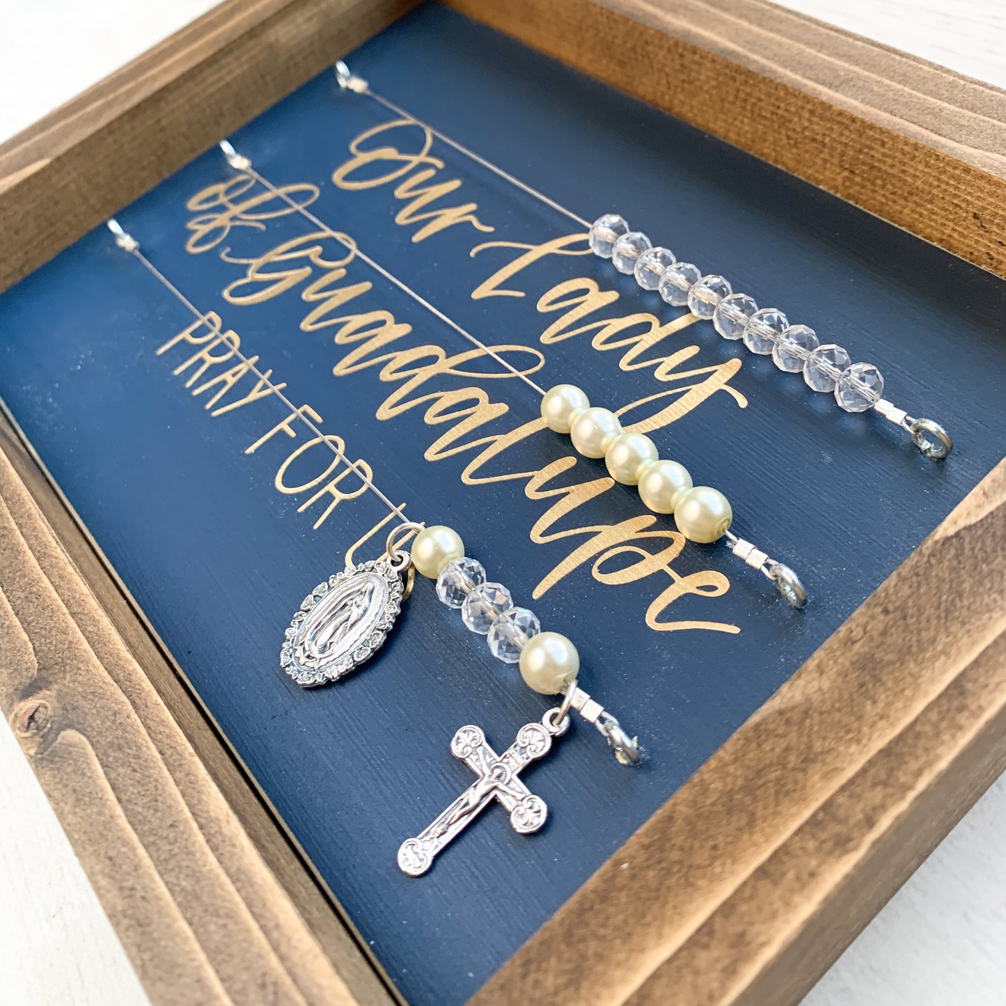 "Our Lady of Guadalupe Pray for Us" Navy Blue and Gold Framed Kitchen Rosary