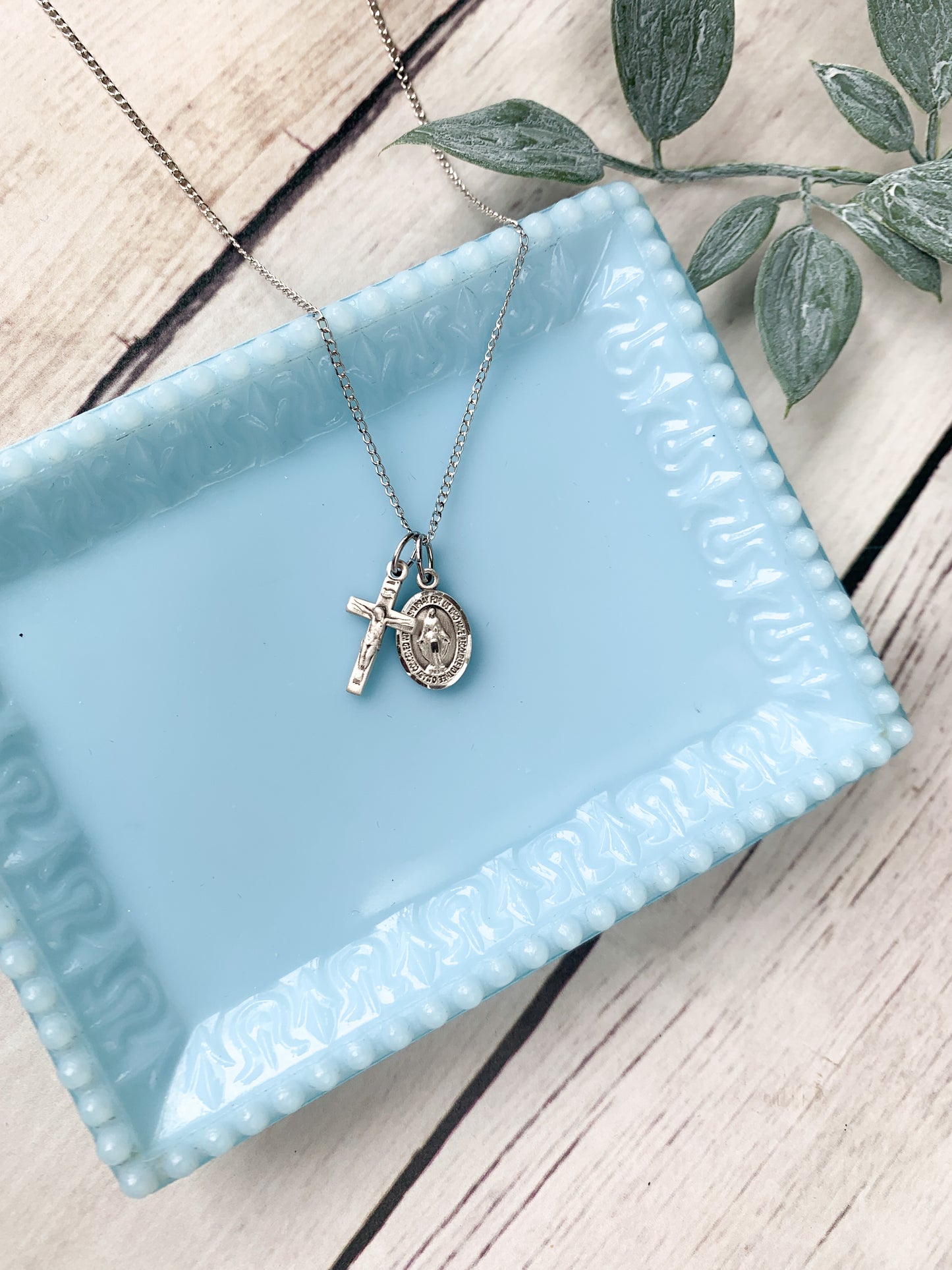 Dainty Miraculous Medal and Crucifix Layered Necklace Sterling Silver