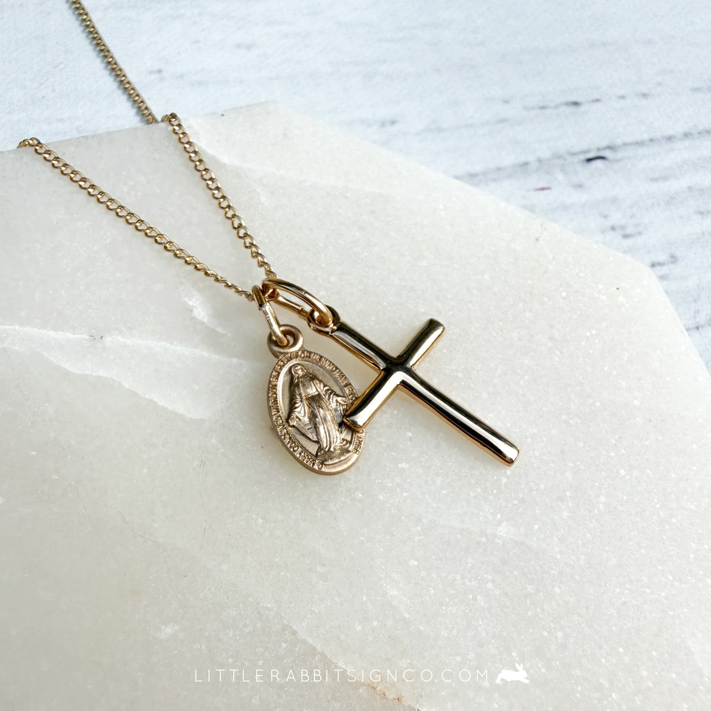14kt Gold Filled Petite Miraculous Medal & Cross Necklace | Catholic Gift for Her
