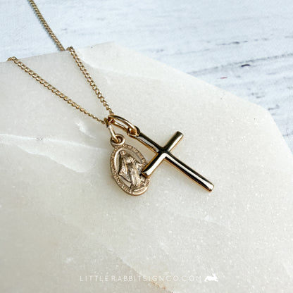 14kt Gold Filled Petite Miraculous Medal & Cross Necklace | Catholic Gift for Her