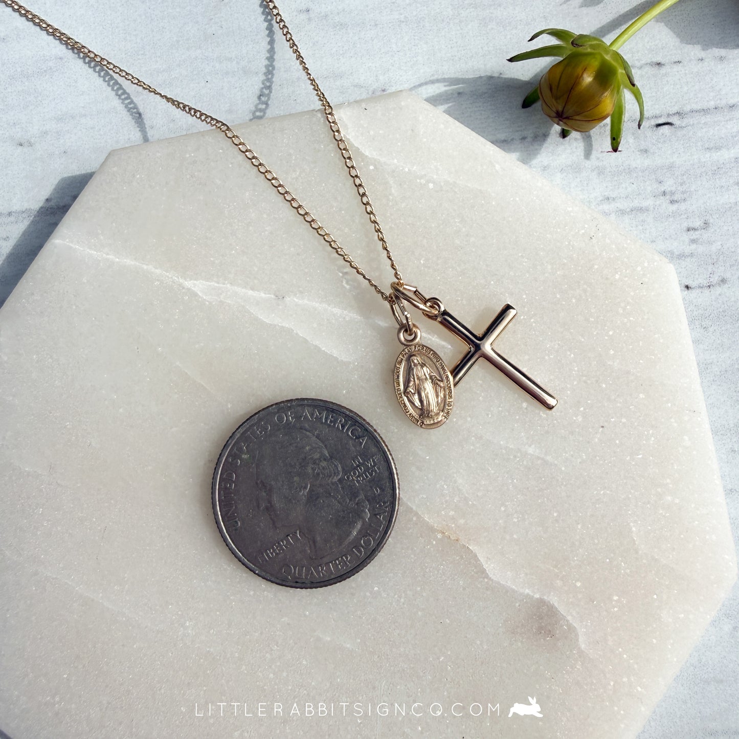 14kt Gold Filled Petite Miraculous Medal & Cross Necklace | Catholic Gift for Her