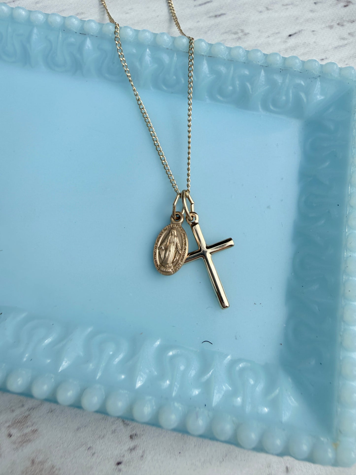 14kt Gold Filled Petite Miraculous Medal & Cross Necklace | Catholic Gift for Her