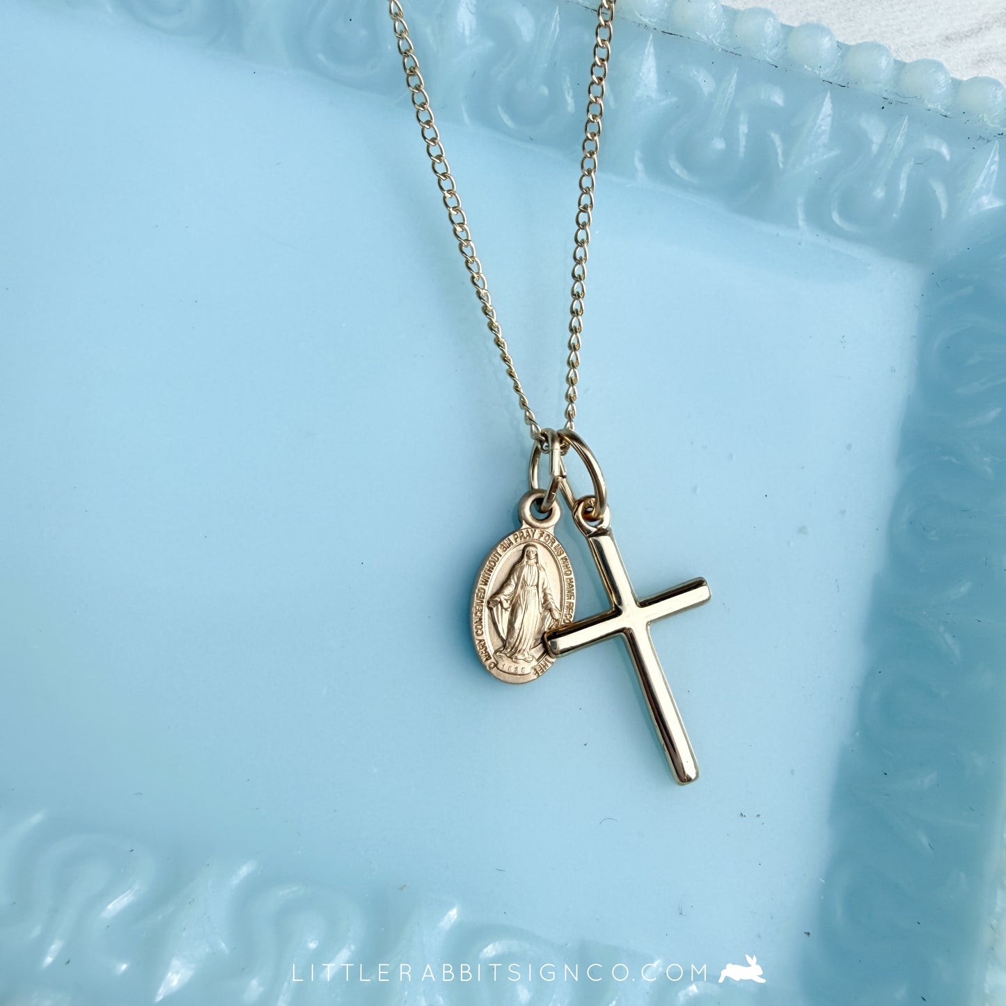 14kt Gold Filled Petite Miraculous Medal & Cross Necklace | Catholic Gift for Her