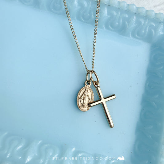 14kt Gold Filled Petite Miraculous Medal & Cross Necklace | Catholic Gift for Her