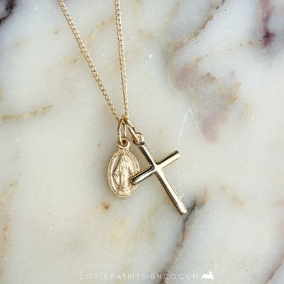 14kt Gold Filled Petite Miraculous Medal & Cross Necklace | Catholic Gift for Her