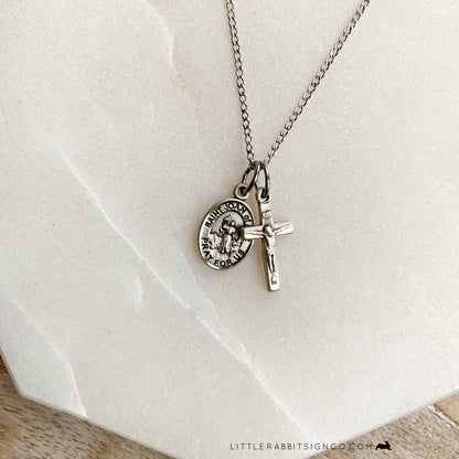 Saint Joan of Arc + Crucifix Petite Minimalist Layered Necklace