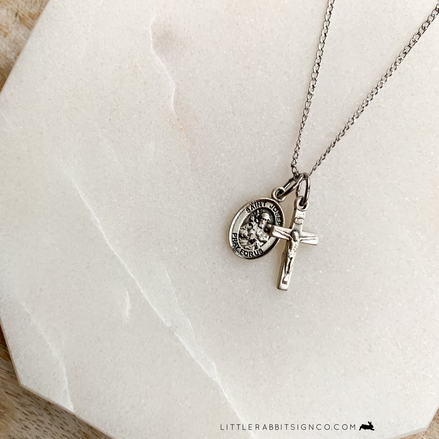 Saint Joseph + Crucifix Petite Minimalist Layered Necklace