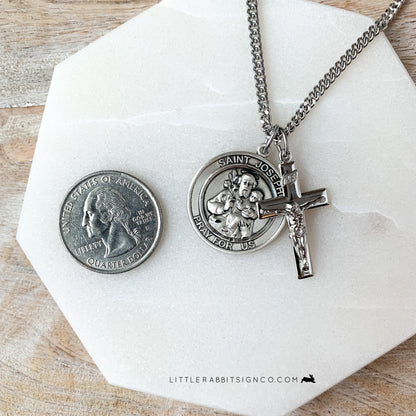 Men's Layered Saint Joseph Medal and High Polished Crucifix Necklace in Sterling Silver