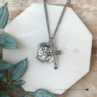 Men's Layered Saint Joseph Medal and High Polished Crucifix Necklace in Sterling Silver