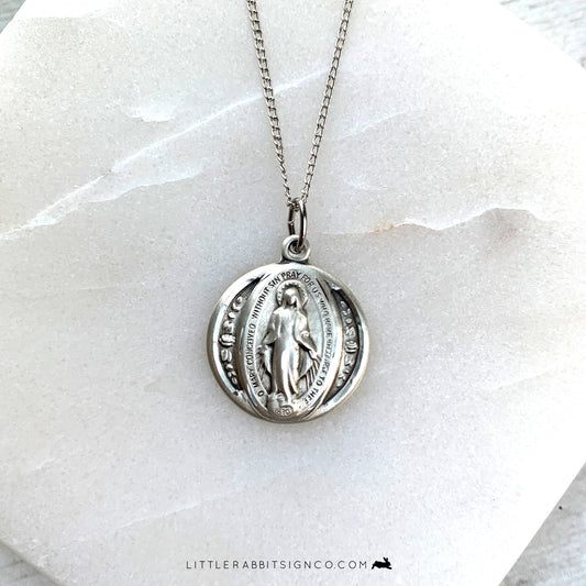 Miraculous Medal Medallion Necklace with Floral Detailed Border in Sterling Silver