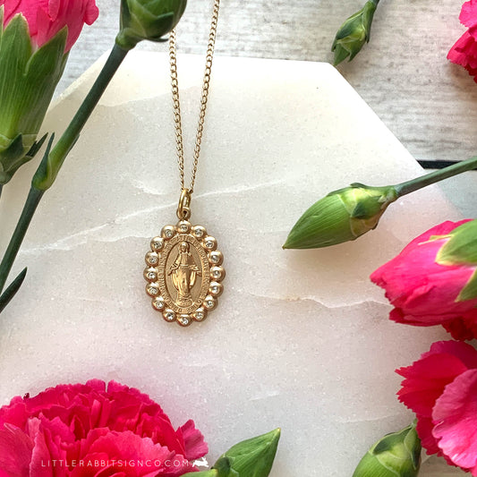 Miraculous Medal Necklace with Crystal Scalloped Border in 14kt Gold Fill