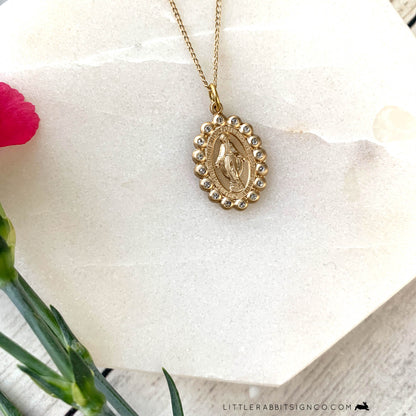 Miraculous Medal Necklace with Crystal Scalloped Border in 14kt Gold Fill