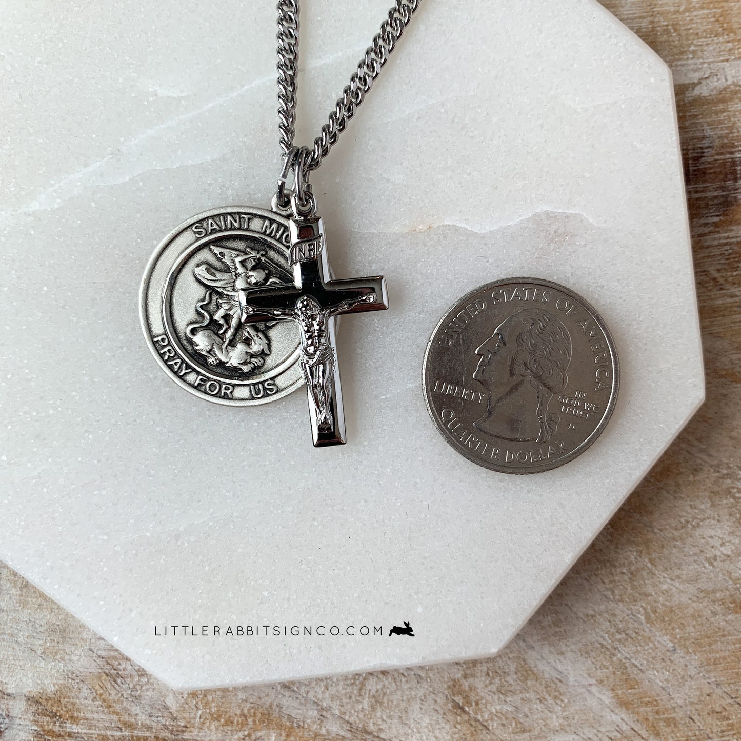 Men's Layered Saint Michael the Archangel Medal and High Polished Crucifix Necklace in Sterling Silver