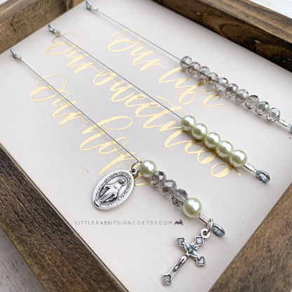 "Our Life Our Sweetness Our Hope" Ivory and Gold Framed Kitchen Rosary