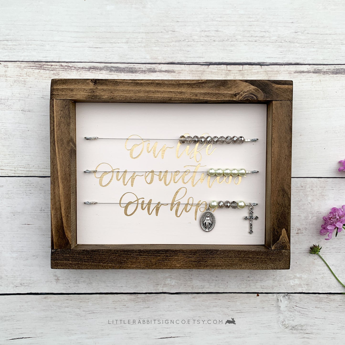 "Our Life Our Sweetness Our Hope" Ivory and Gold Framed Kitchen Rosary