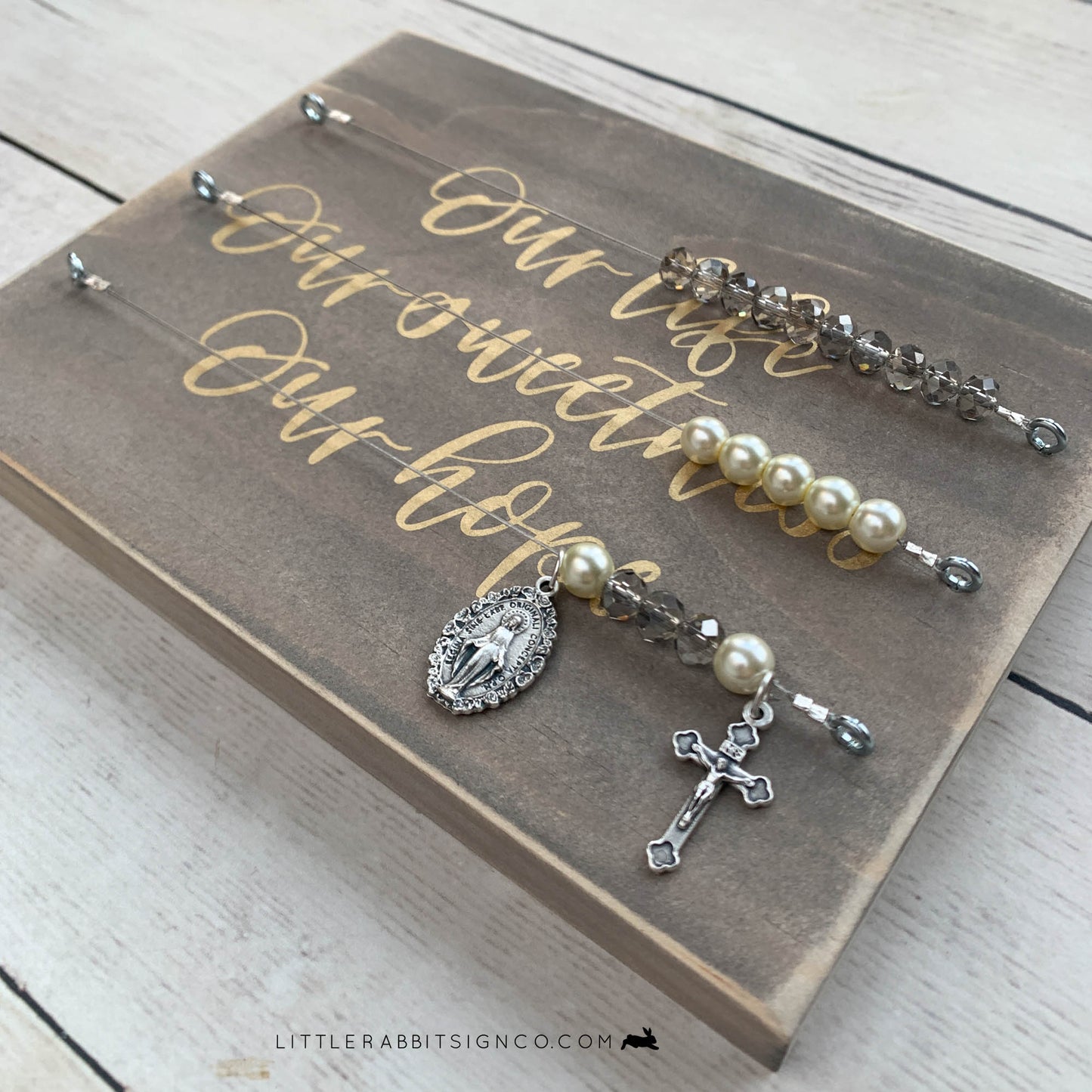 "Our Life Our Sweetness Our Hope" Weathered Gray & Gold Kitchen Rosary