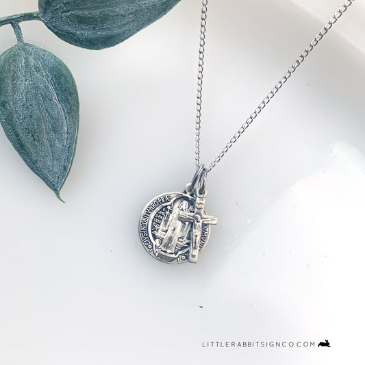 Saint Benedict Medal and Crucifix Layered Sterling Silver Necklace