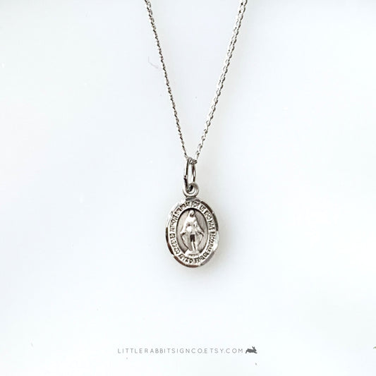 Dainty Miraculous Medal Necklace Sterling Silver