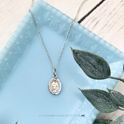 Dainty Miraculous Medal Necklace Sterling Silver