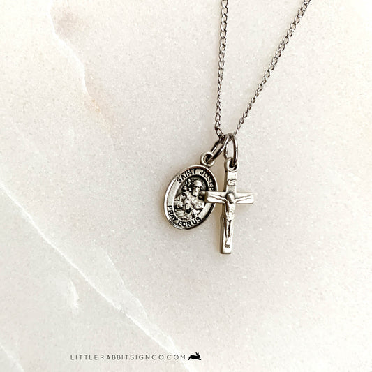 Saint Joseph + Crucifix Petite Minimalist Layered Necklace