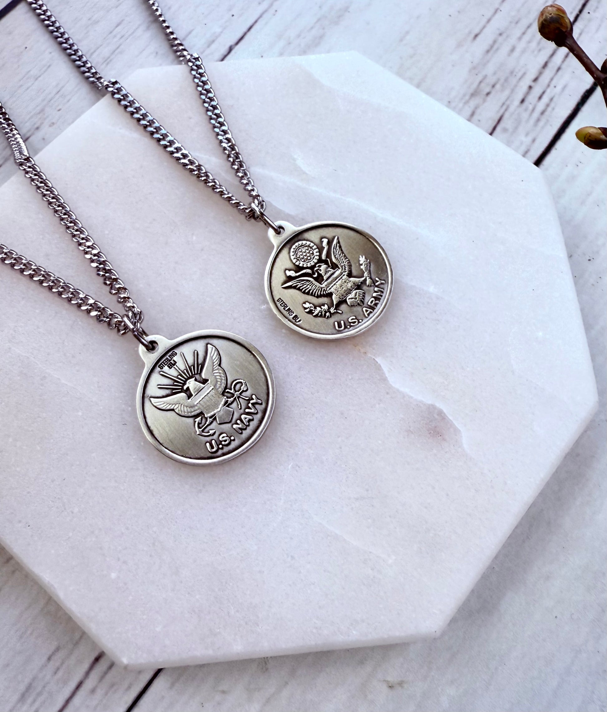 Back of Saint Michael medal engraved with U.S. Army on sterling silver chain