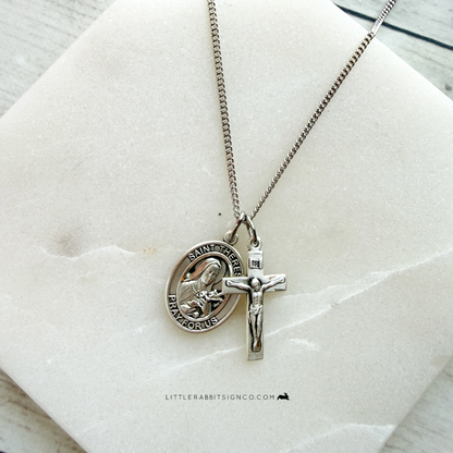 Sterling silver Saint Thérèse of Lisieux medal necklace detail shot — Little Flower Catholic jewelry handmade in the USA