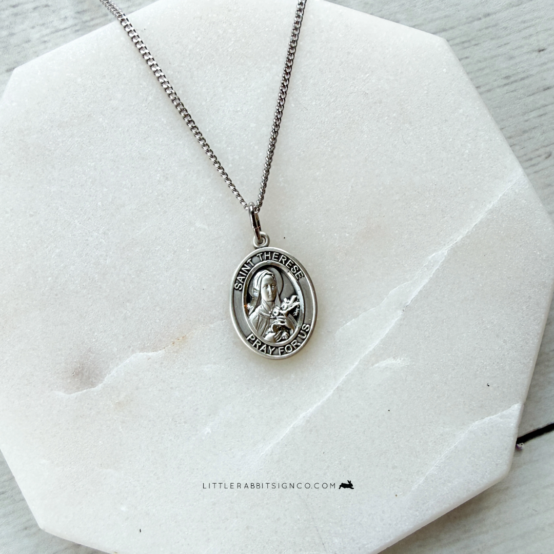 Sterling Silver Saint Thérèse of Lisieux Medal + Crucifix Necklace | Heirloom Catholic Gift