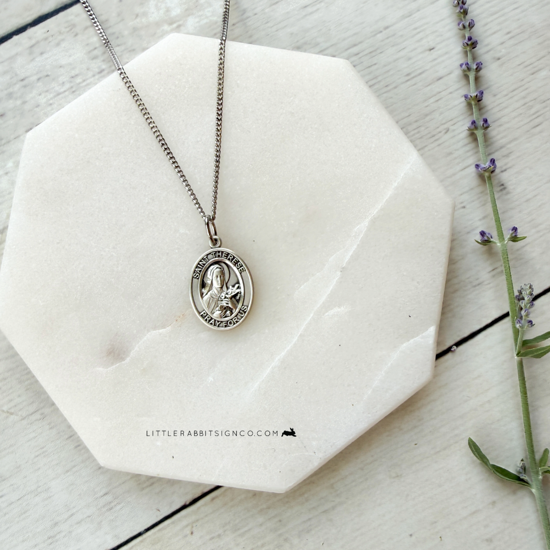 Sterling Silver Saint Thérèse of Lisieux Medal + Crucifix Necklace | Heirloom Catholic Gift